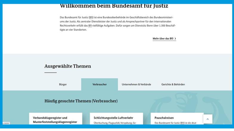 Screenshot der Webseite des Bundesjustizamts: Startseite unterer Bereich, Reiter "Verbraucher"