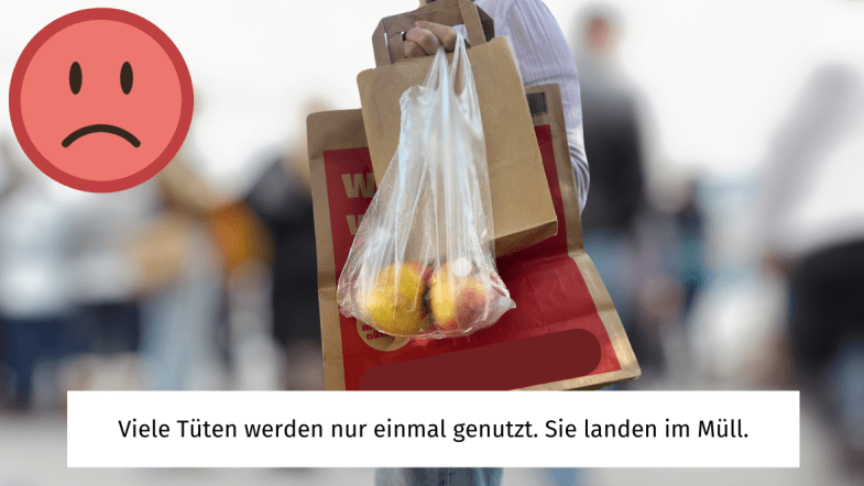 Jemand trägt Papiertüten und Plastiktüten. Untertitel: Viele Tüten werden nur einmal genutzt. Sie landen im Müll.