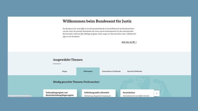 Screenshot der Webseite des Bundesjustizamts: Startseite unterer Bereich, Reiter "Verbraucher"
