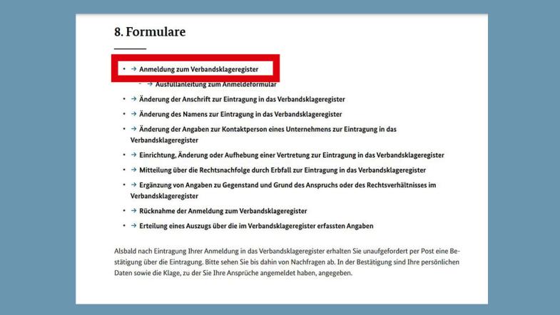 Screenshot der Webseite des Bundesjustizamts: Informationen zur Musterfeststellungsklage