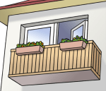 Grafik: Ein Balkon mit einem geöffneten Balkonfenster