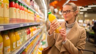Eine Frau steht am Supermarktregal und betrachtet die Waren.