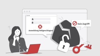 An einem Schreibtisch sitzt eine Frau mit einem fragenden Gesichtsausdruck. Sie schaut auf ihren Laptop-Bildschirm, auf dem ein zerbrochenes Schutzschild und ein zerbrochener Schlüssel zu sehen sind. Aus Sprechblasen auf dem Bildschirm sind Worte wie 'Kein Zugriff' und 'Anmeldung fehlgeschlagen' zu lesen.