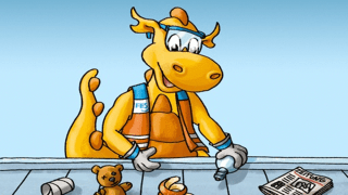 Illustration eines Drachen am Fließband, der Müll sortiert.