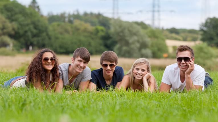 Gruppe junger Leute liegt auf einer Wiese